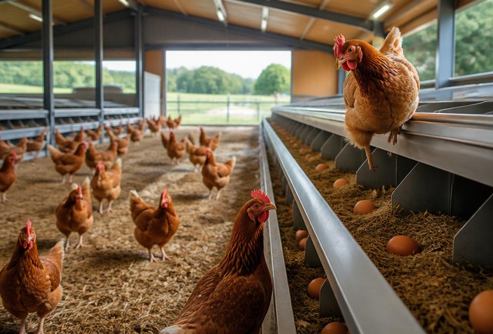 Poules pondeuses dans un poulailler moderne